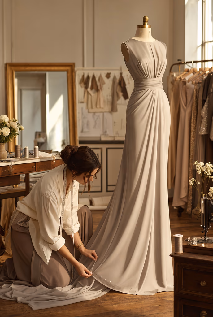 Ajuste del bajo de un vestido de noche sobre un maniquí de modista en el atelier