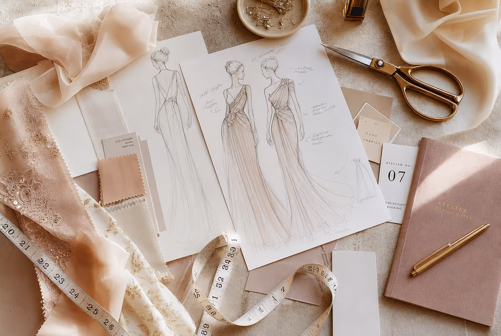 Mesa de diseño con bocetos de vestidos, muestras de tejido y herramientas de modista