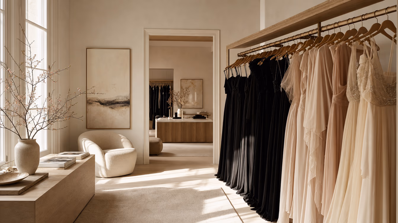 El universo SIENNELLE: vestidos de fiesta en tonos crema, blush y negro